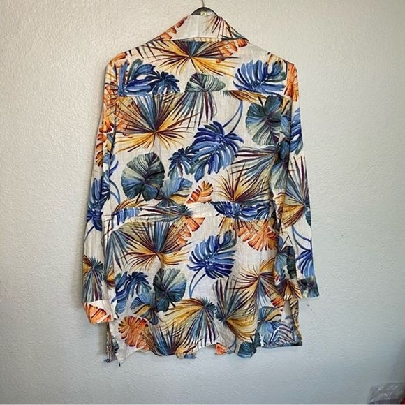 Chicos Jacket Women PMedium Linen Palm Print Snap Front Safari Roll Tab Sleeve - Picture 6 of 12